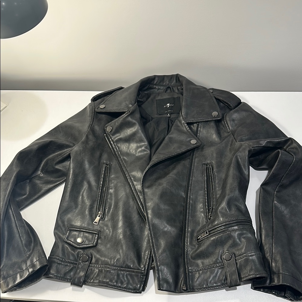 7 For All Mankind Black Leather Jacket with Distressed Finish
